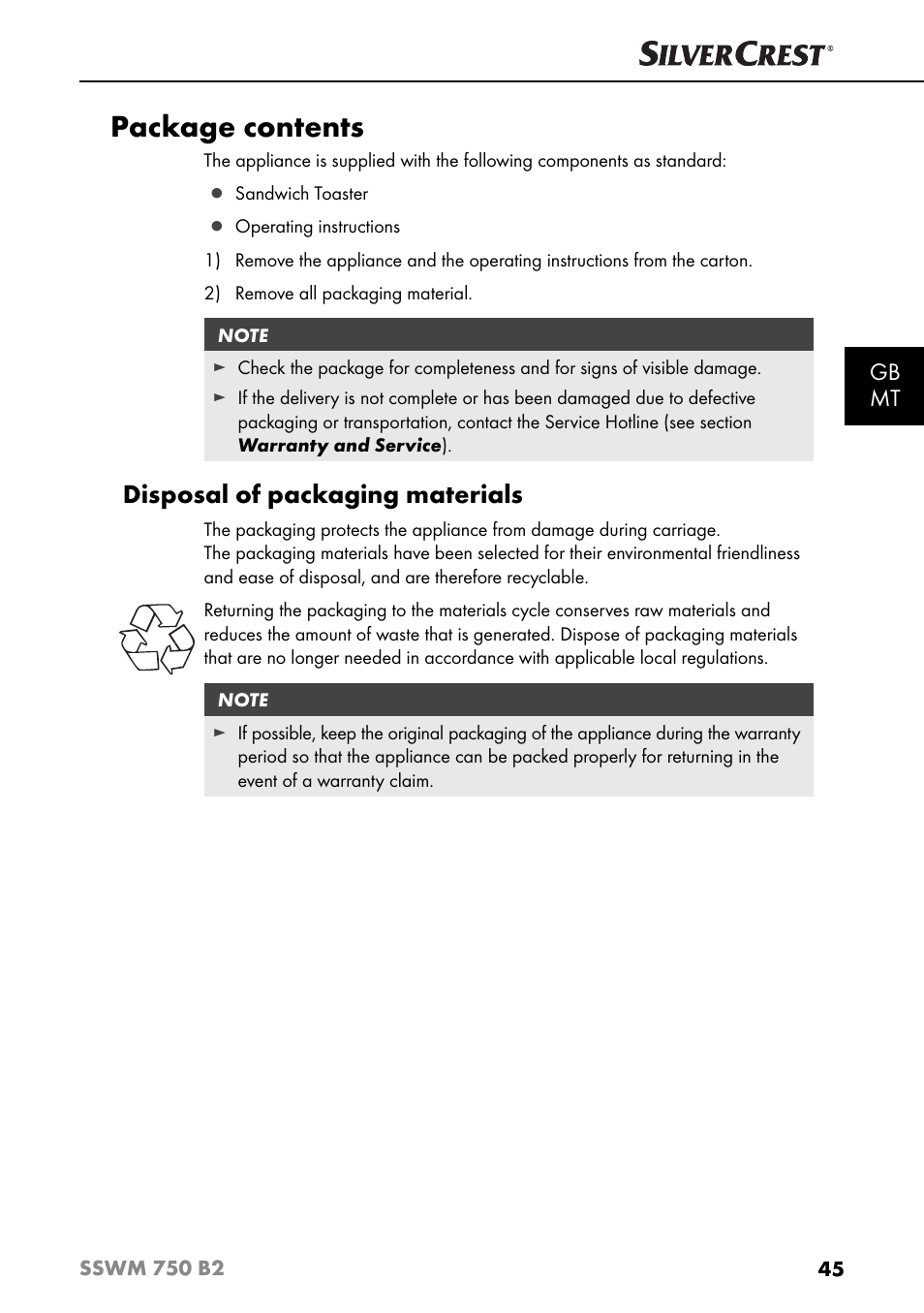 Package contents, Disposal of packaging materials, Gb mt | Silvercrest SSWM 750 B2 User Manual | Page 48 / 74