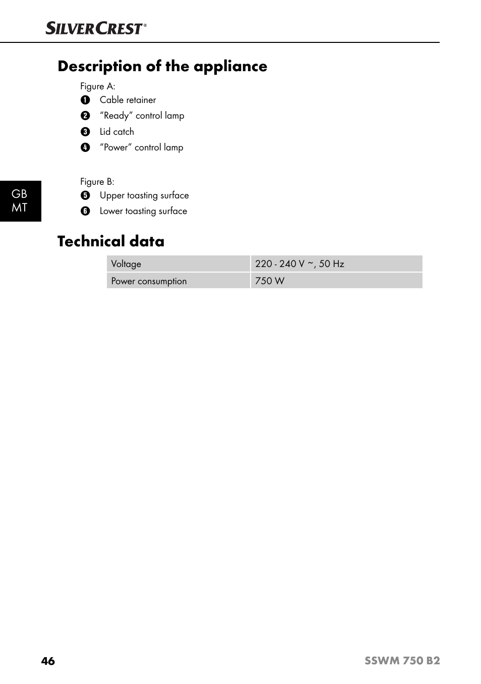 Description of the appliance, Technical data, Gb mt | Silvercrest SSWM 750 B2 User Manual | Page 49 / 74