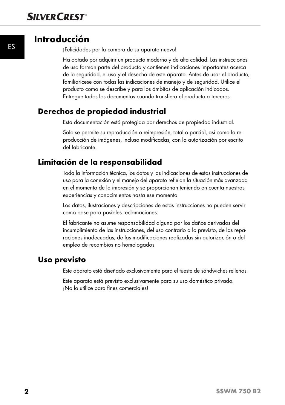 Introducción, Derechos de propiedad industrial, Limitación de la responsabilidad | Uso previsto | Silvercrest SSWM 750 B2 User Manual | Page 5 / 74