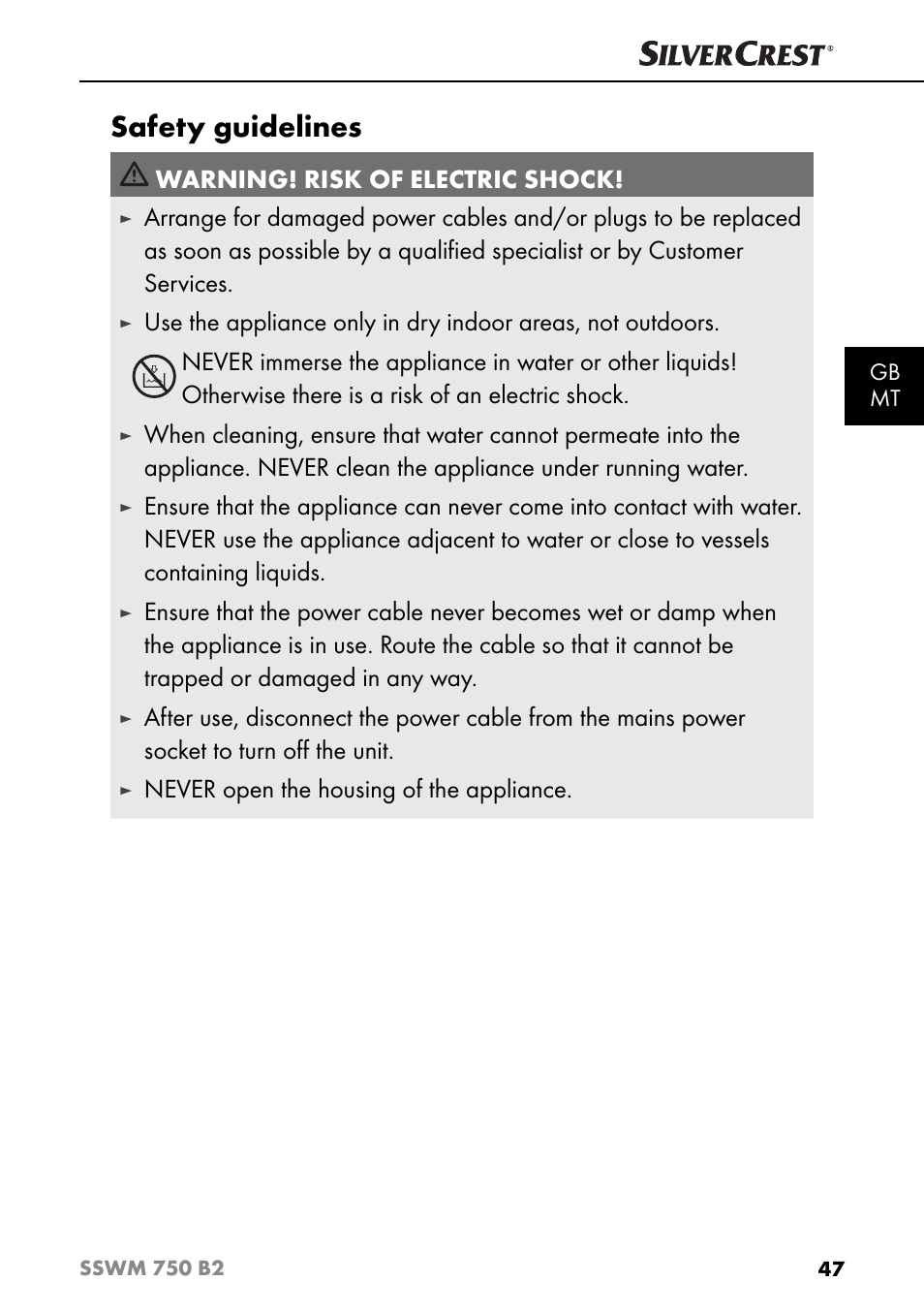 Safety guidelines, Warning! risk of electric shock, Never open the housing of the appliance | Silvercrest SSWM 750 B2 User Manual | Page 50 / 74