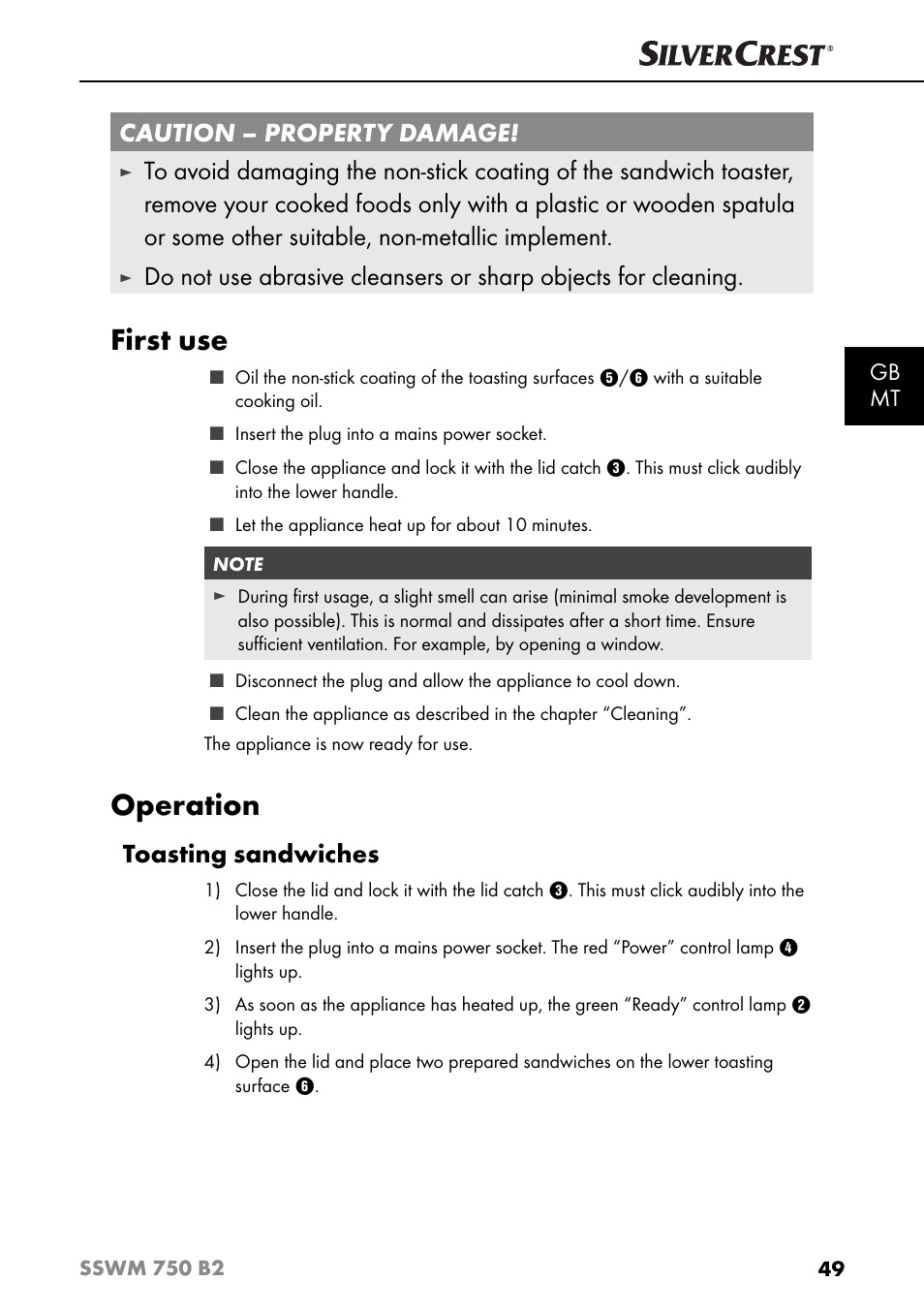 First use, Operation, Caution – property damage | Toasting sandwiches, Gb mt | Silvercrest SSWM 750 B2 User Manual | Page 52 / 74