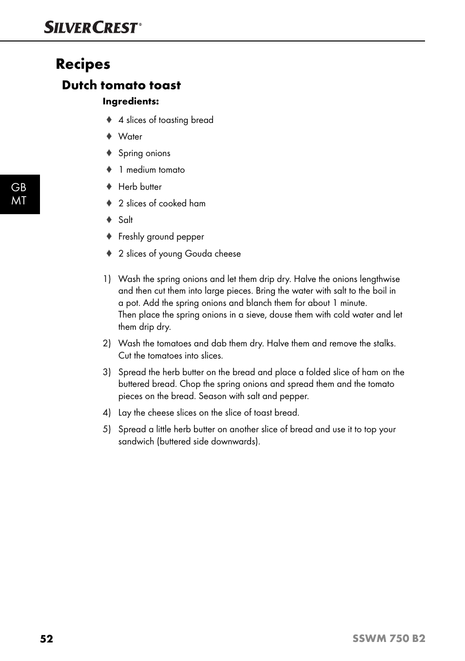 Recipes, Dutch tomato toast, Gb mt | Silvercrest SSWM 750 B2 User Manual | Page 55 / 74