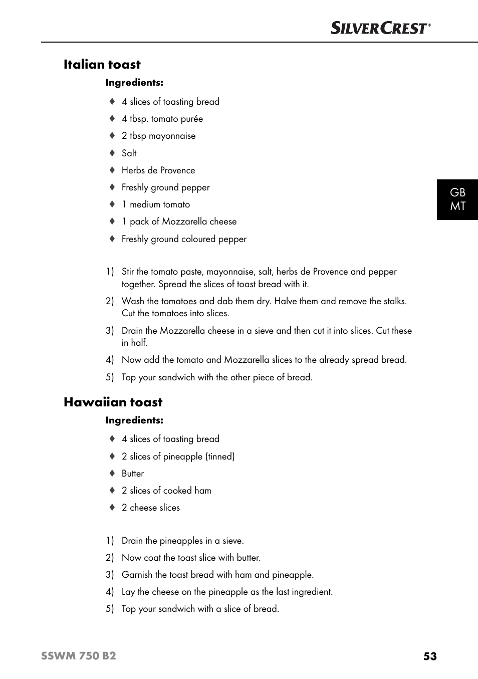 Italian toast, Hawaiian toast, Gb mt | Silvercrest SSWM 750 B2 User Manual | Page 56 / 74