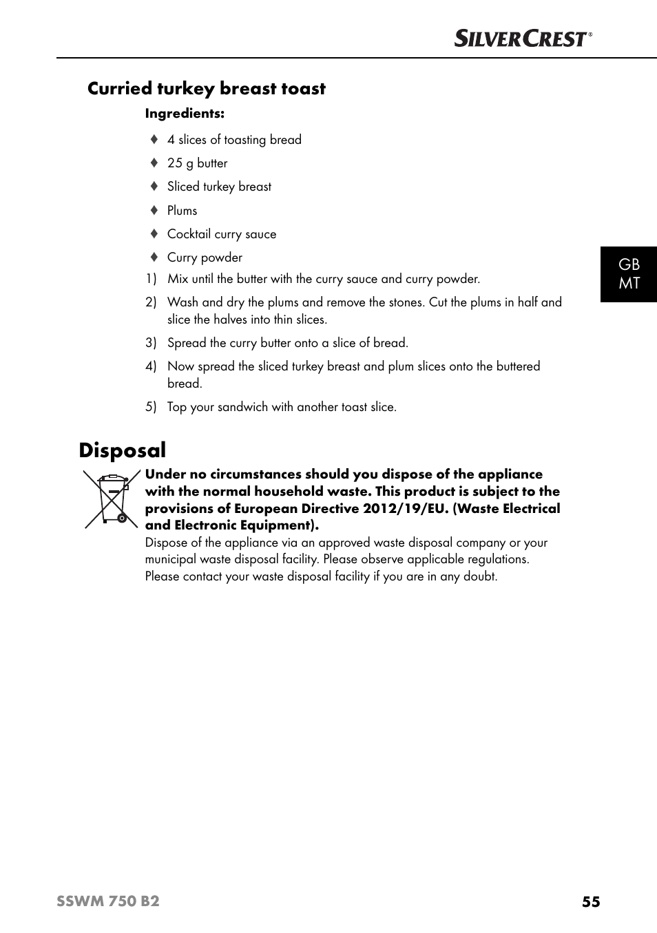 Disposal, Curried turkey breast toast, Gb mt | Silvercrest SSWM 750 B2 User Manual | Page 58 / 74