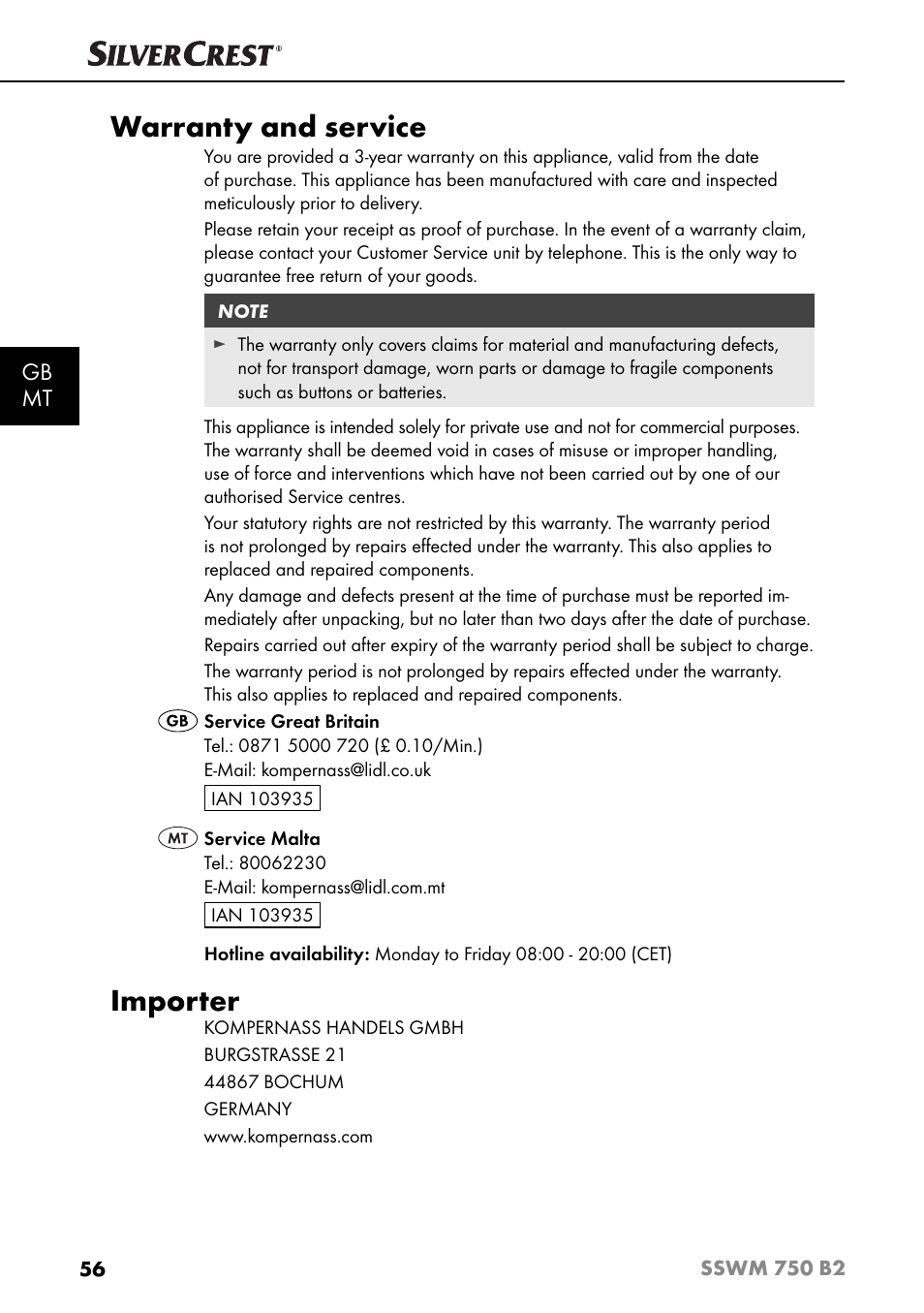 Warranty and service, Importer, Gb mt | Silvercrest SSWM 750 B2 User Manual | Page 59 / 74