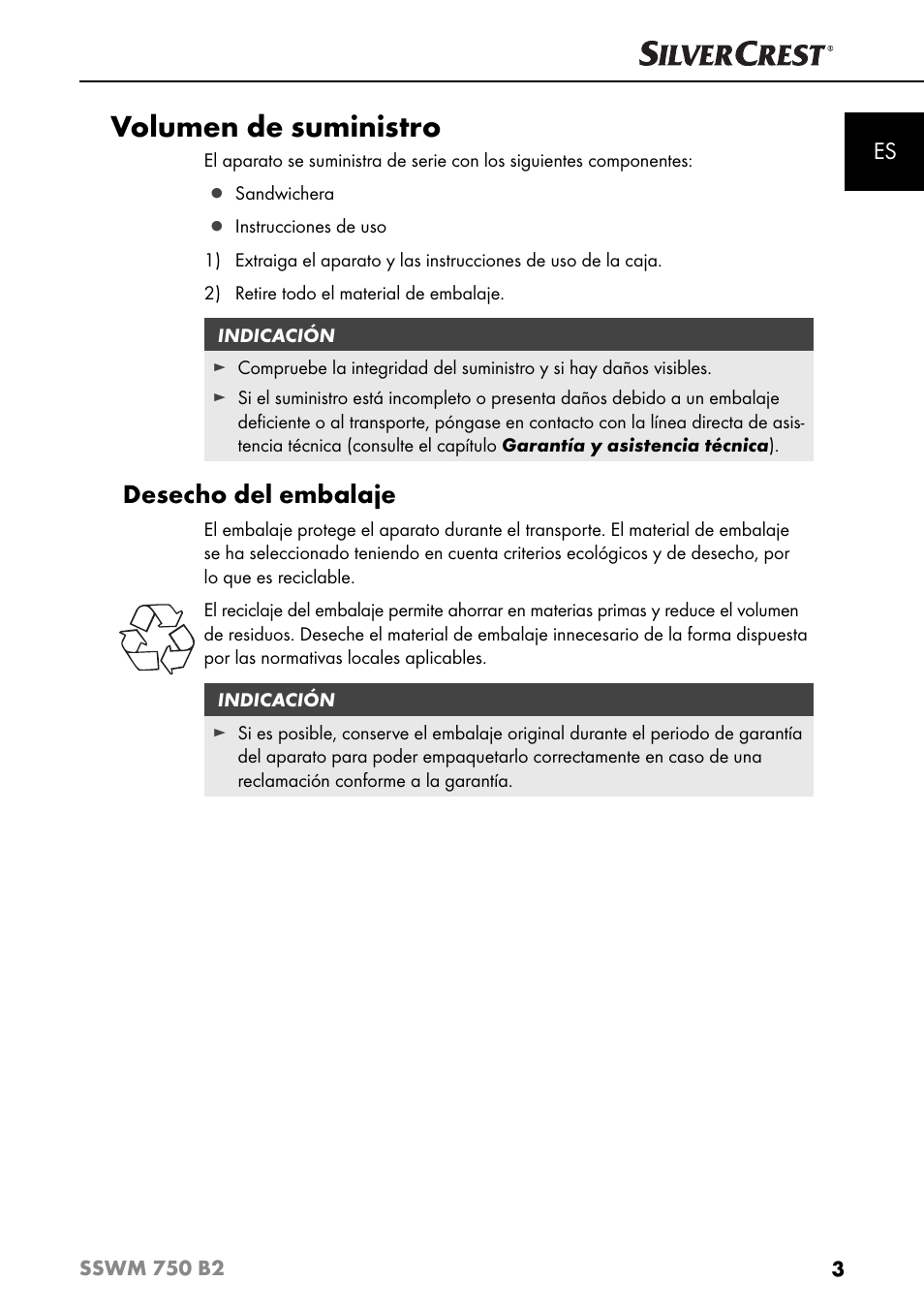Volumen de suministro, Desecho del embalaje | Silvercrest SSWM 750 B2 User Manual | Page 6 / 74
