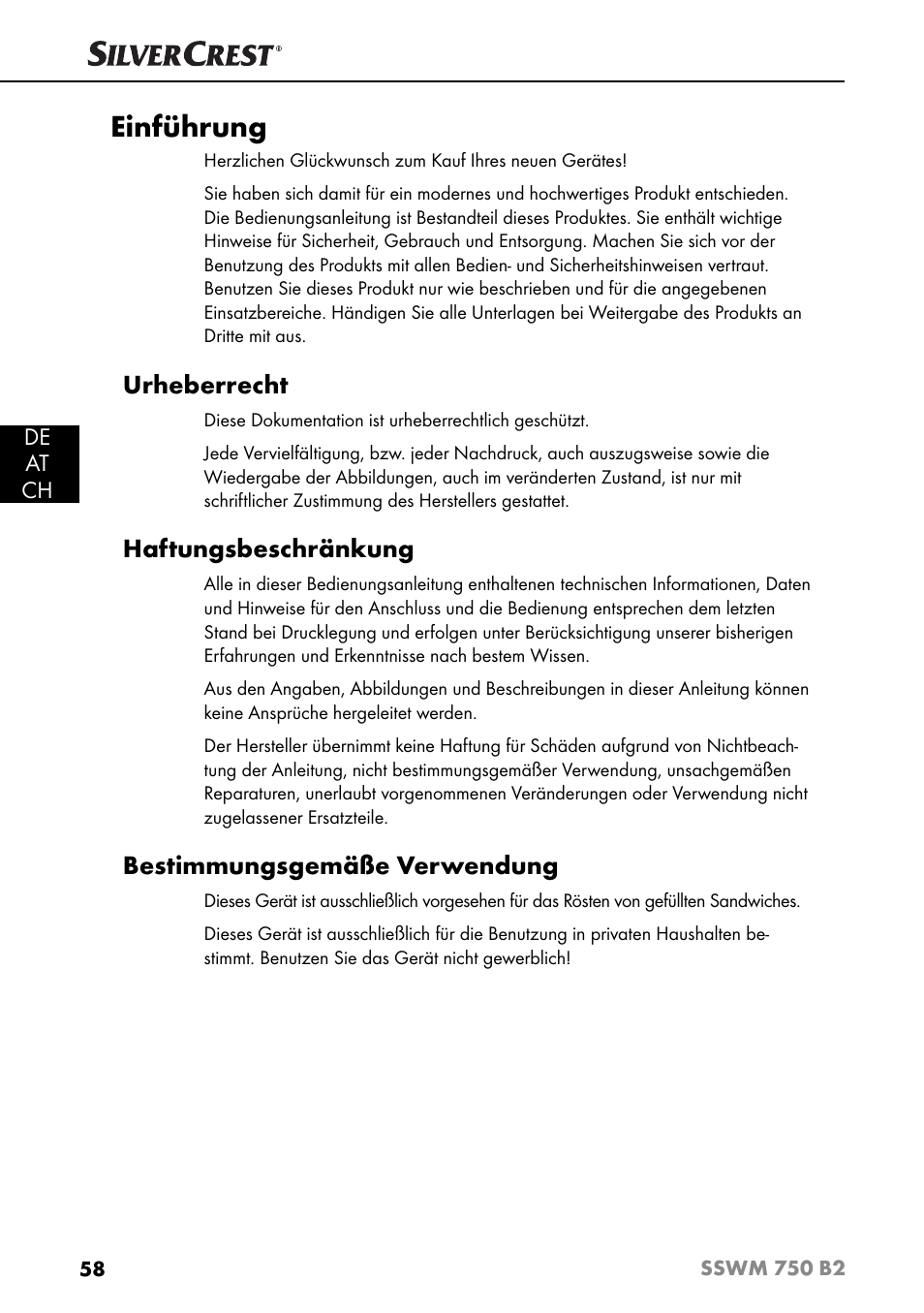 Einführung, Urheberrecht, Haftungsbeschränkung | Bestimmungsgemäße verwendung | Silvercrest SSWM 750 B2 User Manual | Page 61 / 74