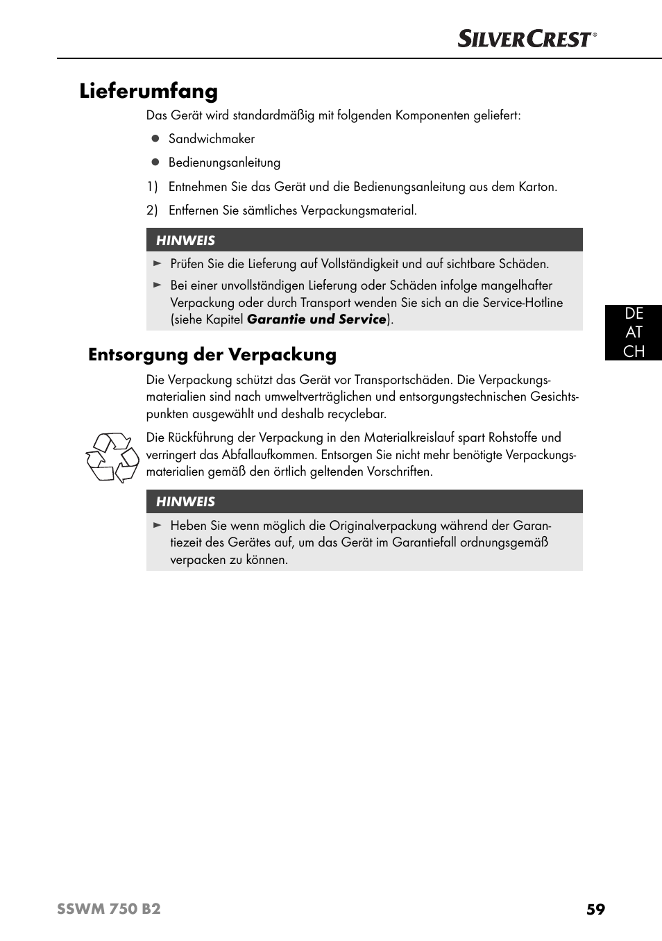 Lieferumfang, Entsorgung der verpackung, De at ch | Silvercrest SSWM 750 B2 User Manual | Page 62 / 74
