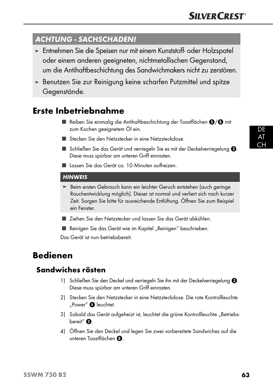 Erste inbetriebnahme, Bedienen, Achtung - sachschaden | Sandwiches rösten, De at ch | Silvercrest SSWM 750 B2 User Manual | Page 66 / 74