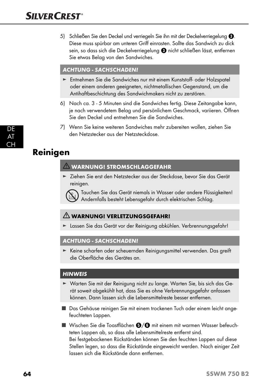 Reinigen, De at ch | Silvercrest SSWM 750 B2 User Manual | Page 67 / 74