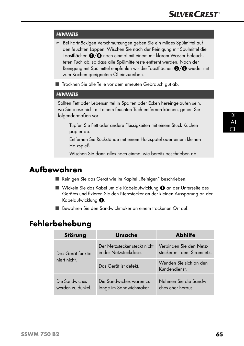 Aufbewahren, Fehlerbehebung, De at ch | Silvercrest SSWM 750 B2 User Manual | Page 68 / 74