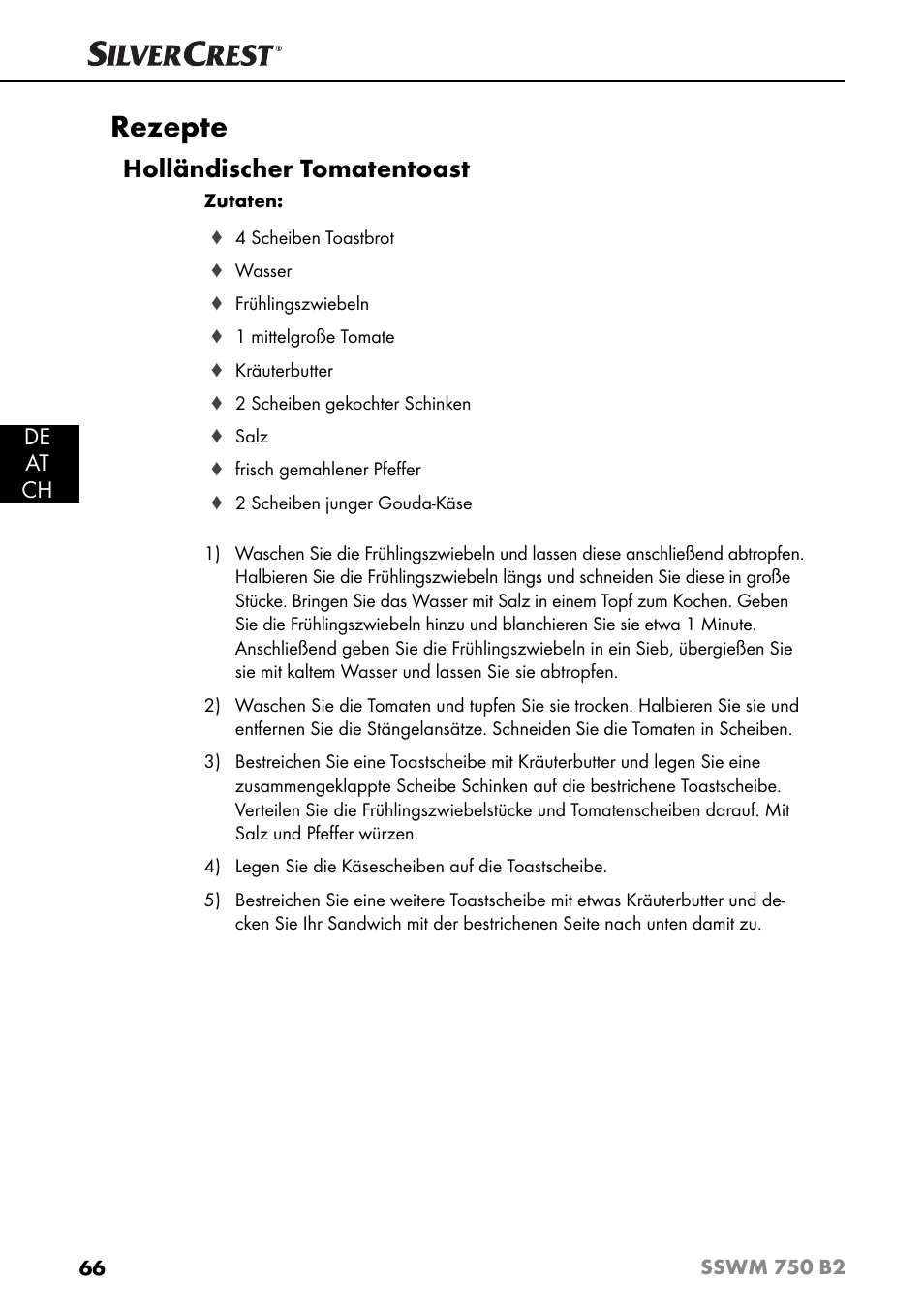 Rezepte, Holländischer tomatentoast, De at ch | Silvercrest SSWM 750 B2 User Manual | Page 69 / 74