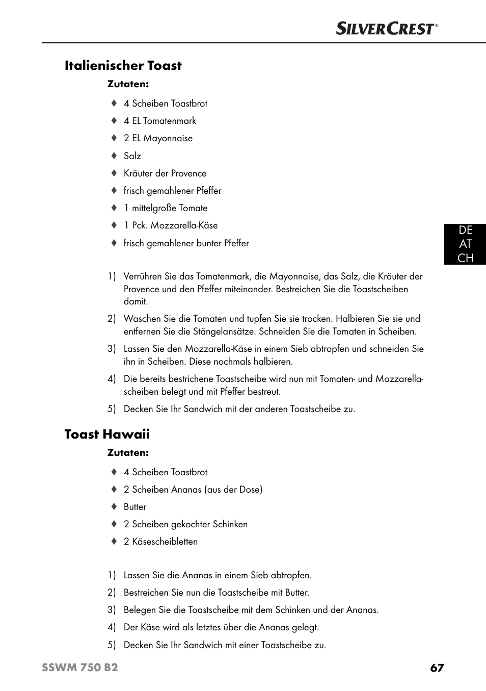 Italienischer toast, Toast hawaii, De at ch | Silvercrest SSWM 750 B2 User Manual | Page 70 / 74