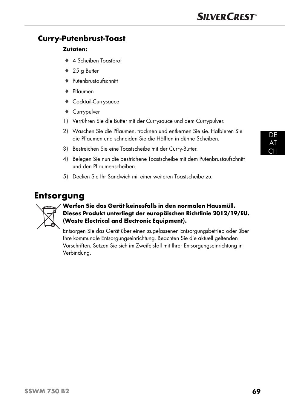 Entsorgung, Curry-putenbrust-toast, De at ch | Silvercrest SSWM 750 B2 User Manual | Page 72 / 74