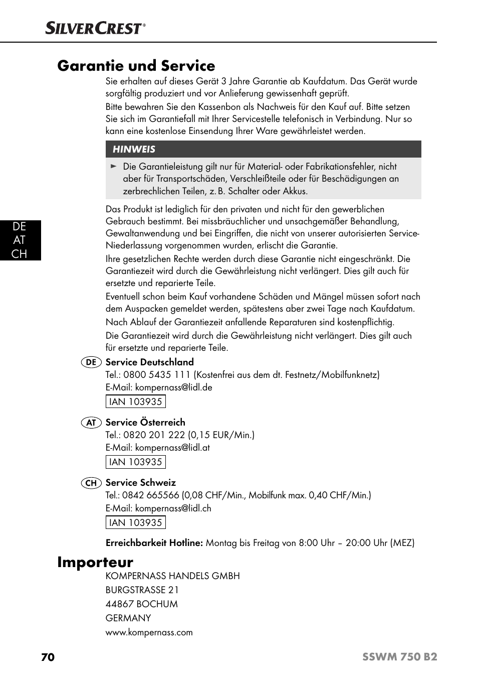 Garantie und service, Importeur, De at ch | Silvercrest SSWM 750 B2 User Manual | Page 73 / 74