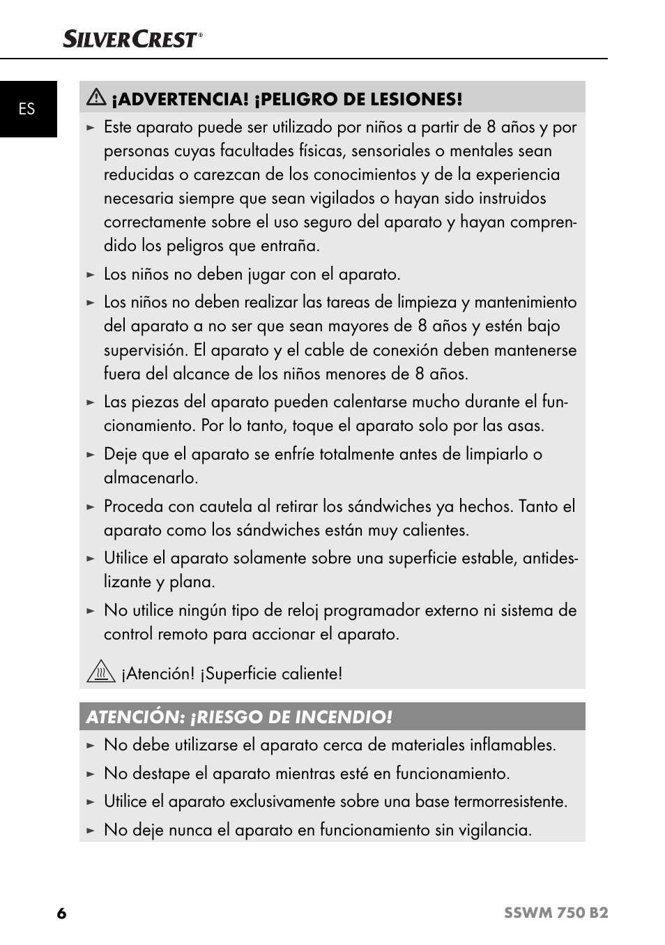 Advertencia! ¡peligro de lesiones, Los niños no deben jugar con el aparato | Silvercrest SSWM 750 B2 User Manual | Page 9 / 74