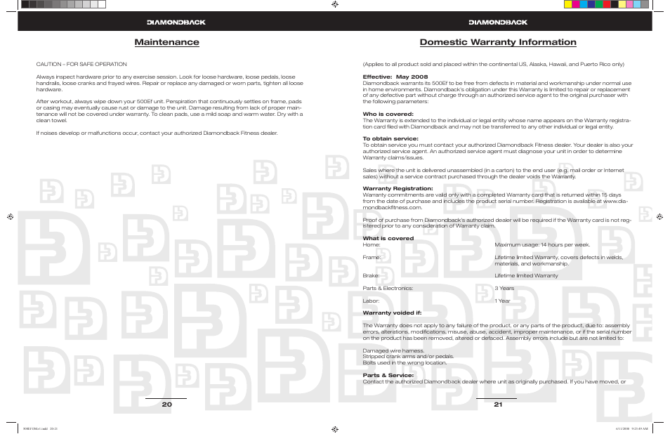 Maintenance domestic warranty information | Diamondback 500Ef User Manual | Page 10 / 11