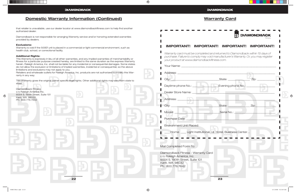 Important! important! important! important | Diamondback 500Ef User Manual | Page 11 / 11