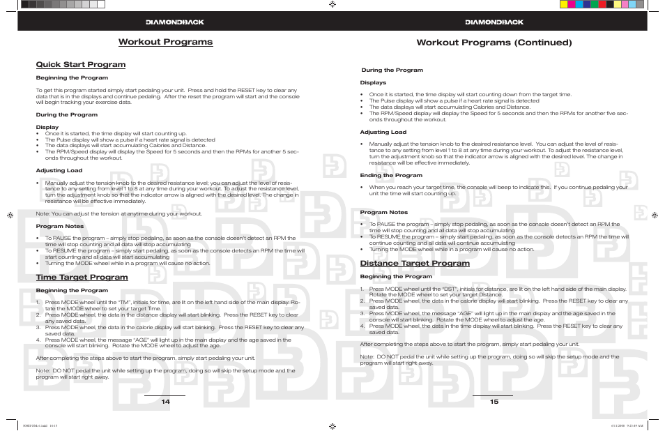 Workout programs (continued) workout programs, Distance target program, Quick start program | Time target program | Diamondback 500Ef User Manual | Page 7 / 11