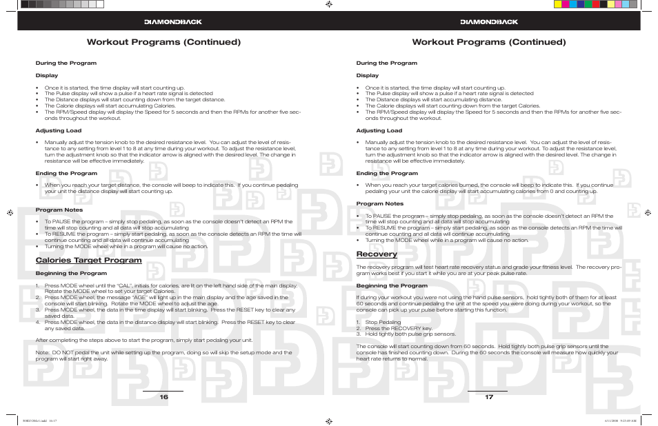Workout programs (continued), Calories target program, Recovery | Diamondback 500Ef User Manual | Page 8 / 11