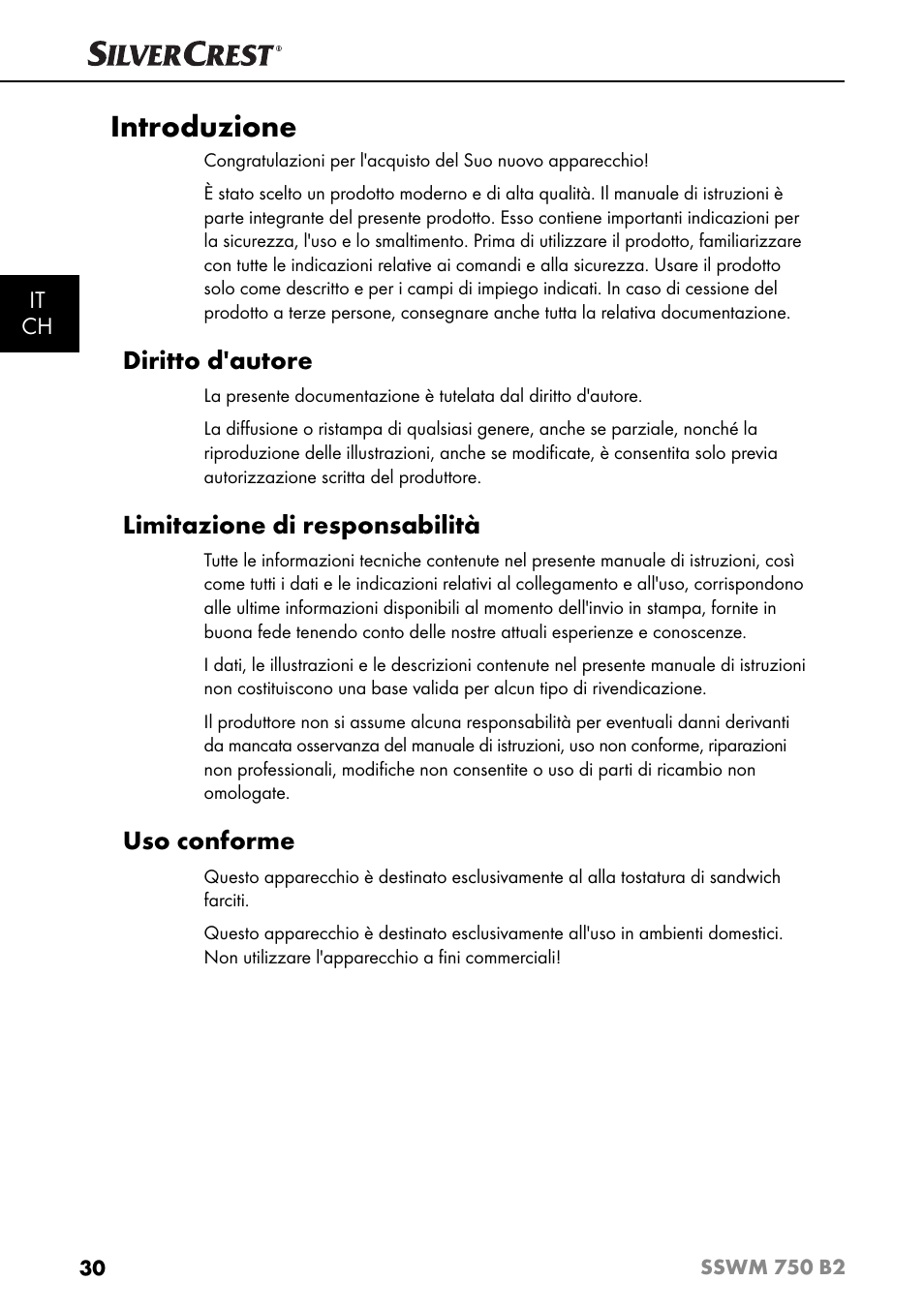 Introduzione, Diritto d'autore, Limitazione di responsabilità | Uso conforme | Silvercrest SSWM 750 B2 User Manual | Page 33 / 60