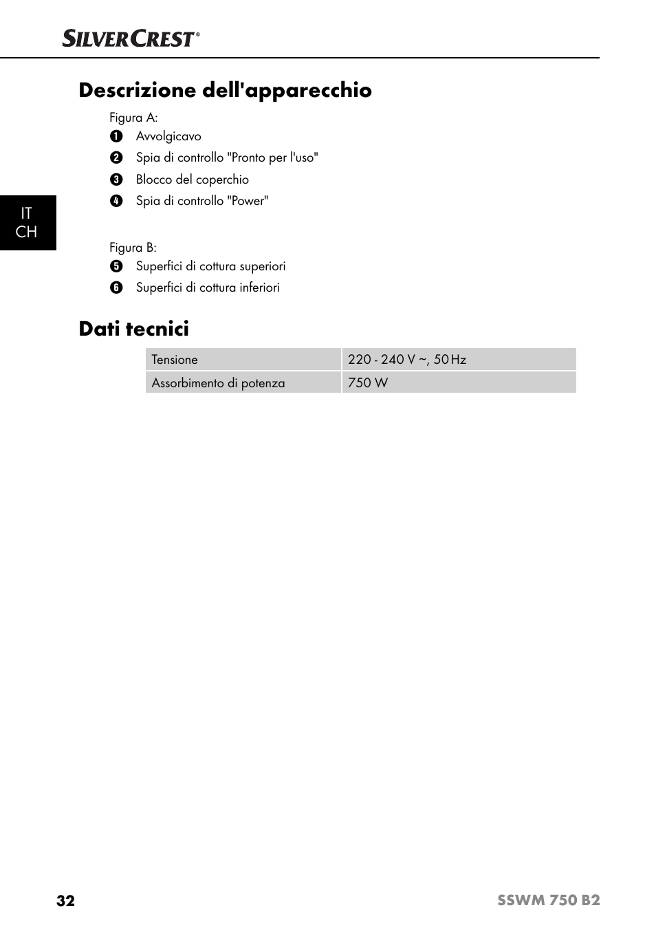 Descrizione dell'apparecchio, Dati tecnici | Silvercrest SSWM 750 B2 User Manual | Page 35 / 60