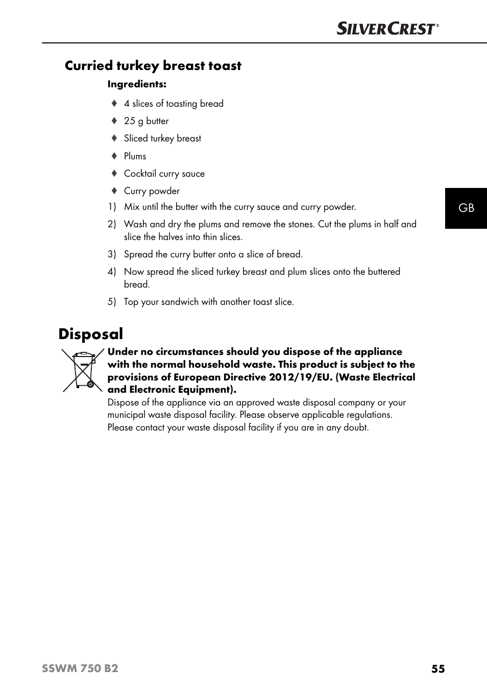 Disposal, Curried turkey breast toast | Silvercrest SSWM 750 B2 User Manual | Page 58 / 60