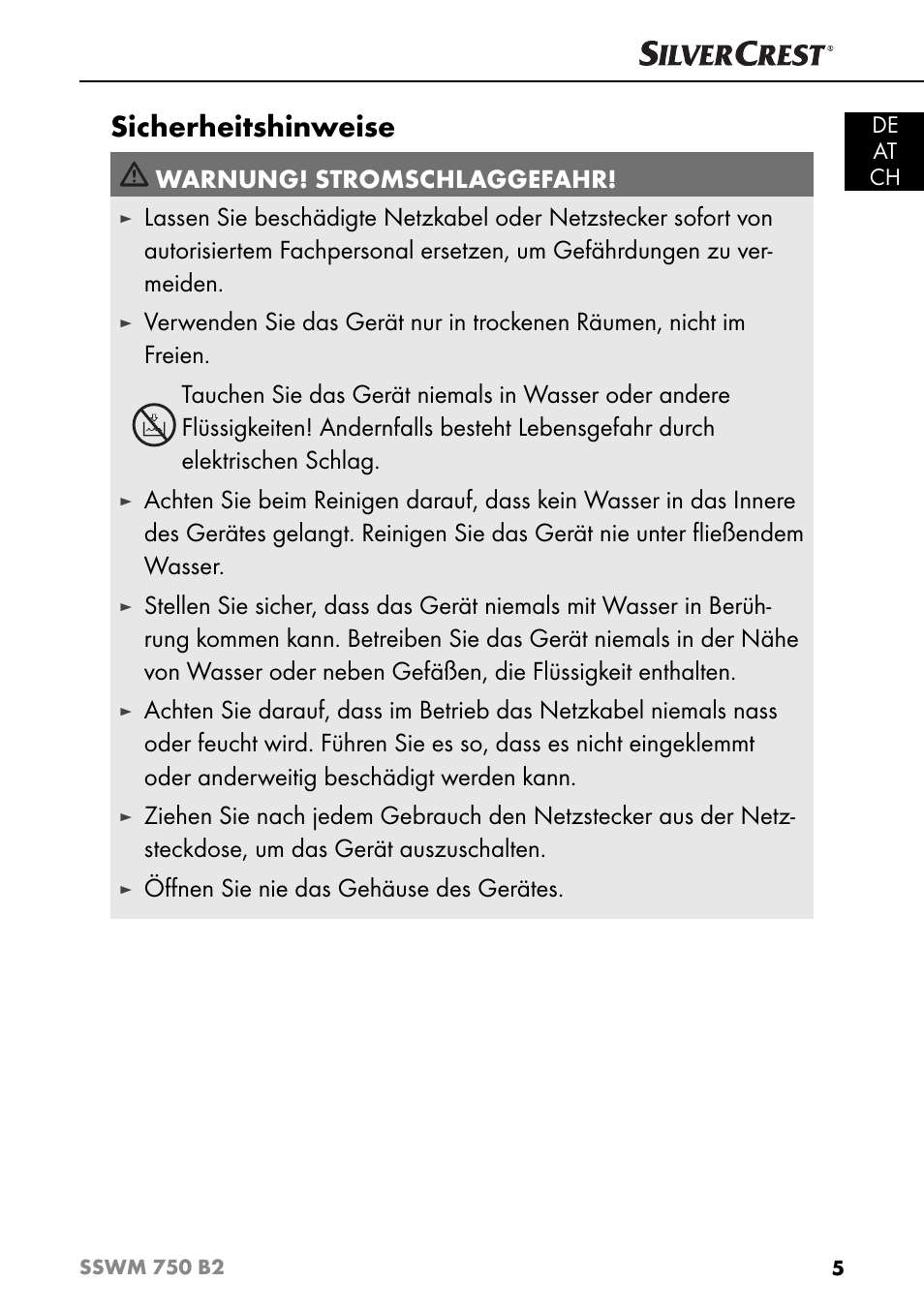 Sicherheitshinweise, Warnung! stromschlaggefahr, Öﬀ nen sie nie das gehäuse des gerätes | Silvercrest SSWM 750 B2 User Manual | Page 8 / 60
