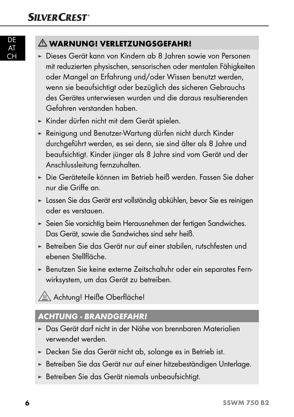 Warnung! verletzungsgefahr, Kinder dürfen nicht mit dem gerät spielen, Betreiben sie das gerät niemals unbeaufsichtigt | Silvercrest SSWM 750 B2 User Manual | Page 9 / 60