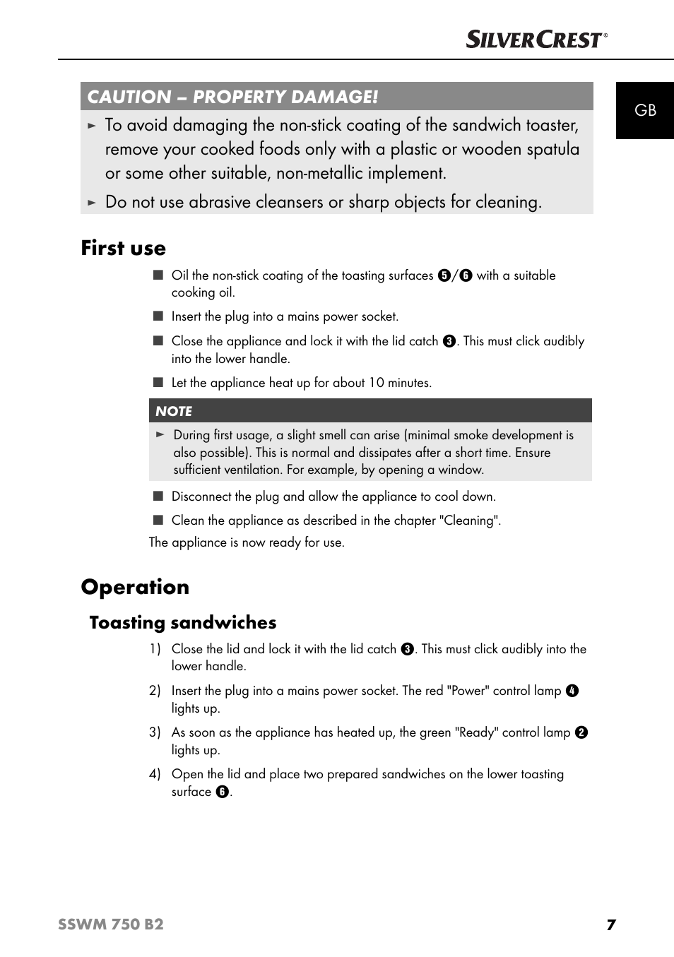 First use, Operation, Caution – property damage | Toasting sandwiches | Silvercrest SSWM 750 B2 User Manual | Page 10 / 102