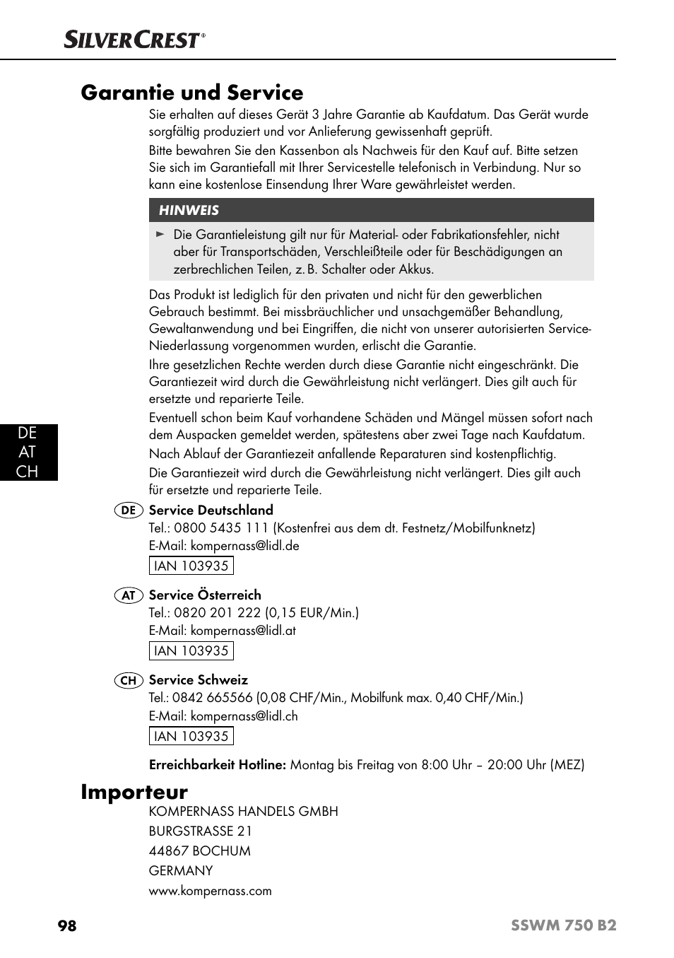 Garantie und service, Importeur, De at ch | Silvercrest SSWM 750 B2 User Manual | Page 101 / 102