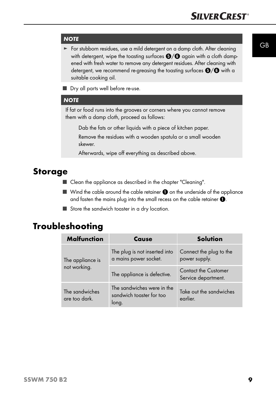 Storage, Troubleshooting | Silvercrest SSWM 750 B2 User Manual | Page 12 / 102