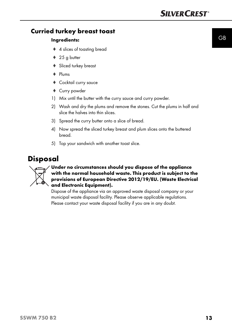 Disposal, Curried turkey breast toast | Silvercrest SSWM 750 B2 User Manual | Page 16 / 102