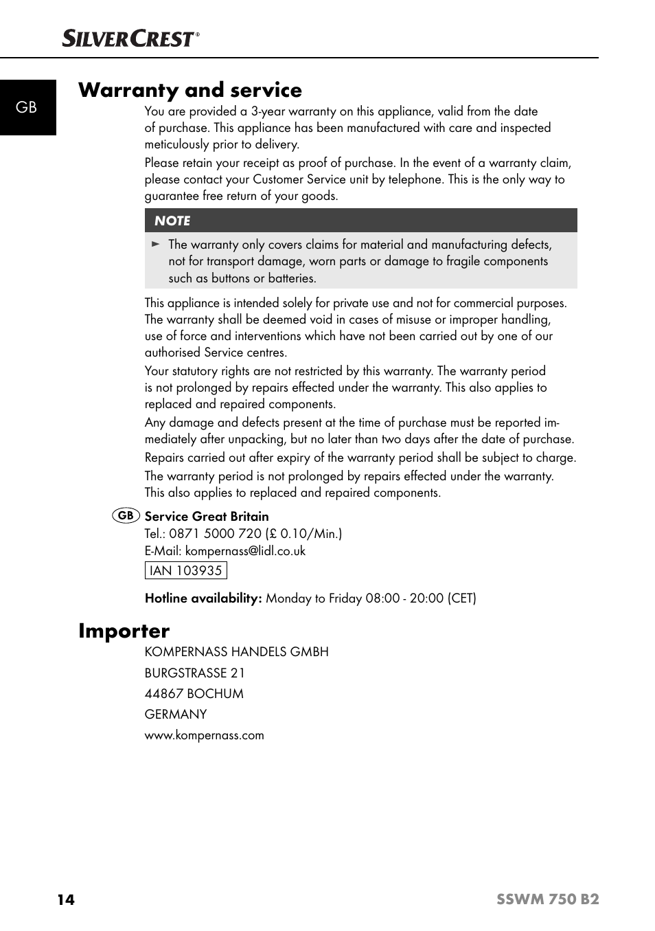 Warranty and service, Importer | Silvercrest SSWM 750 B2 User Manual | Page 17 / 102