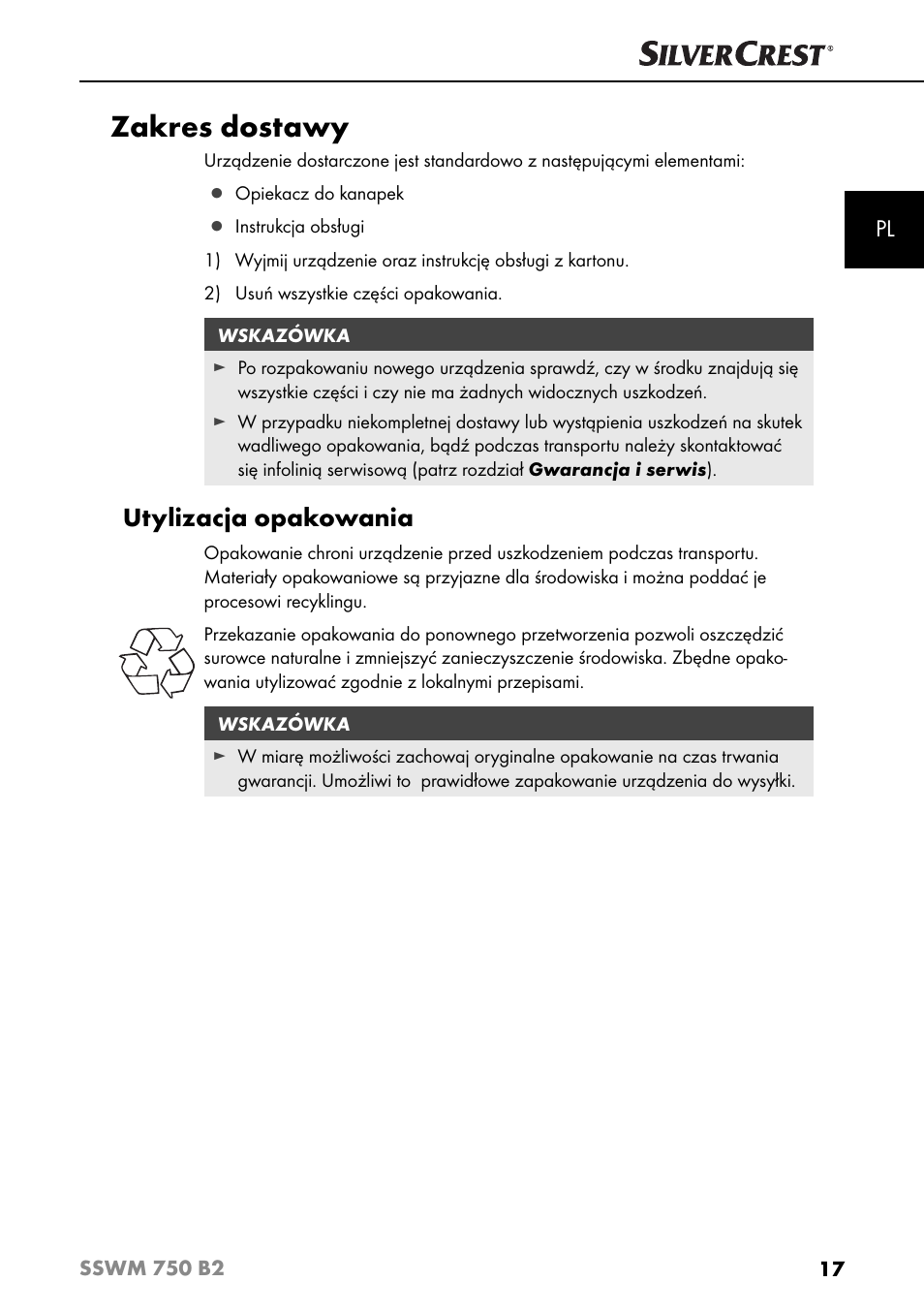 Zakres dostawy, Utylizacja opakowania | Silvercrest SSWM 750 B2 User Manual | Page 20 / 102