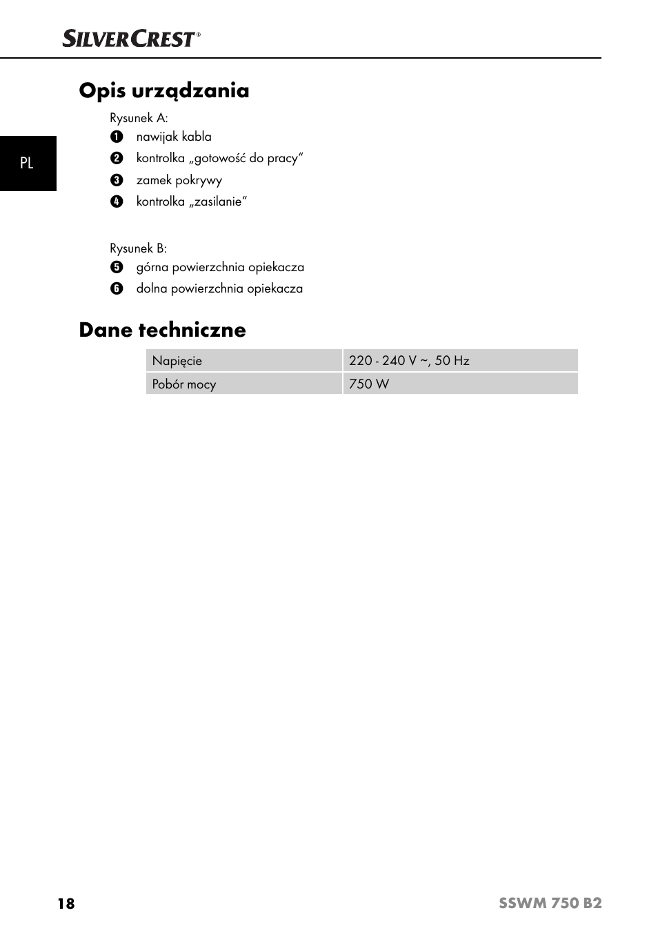 Opis urządzania, Dane techniczne | Silvercrest SSWM 750 B2 User Manual | Page 21 / 102