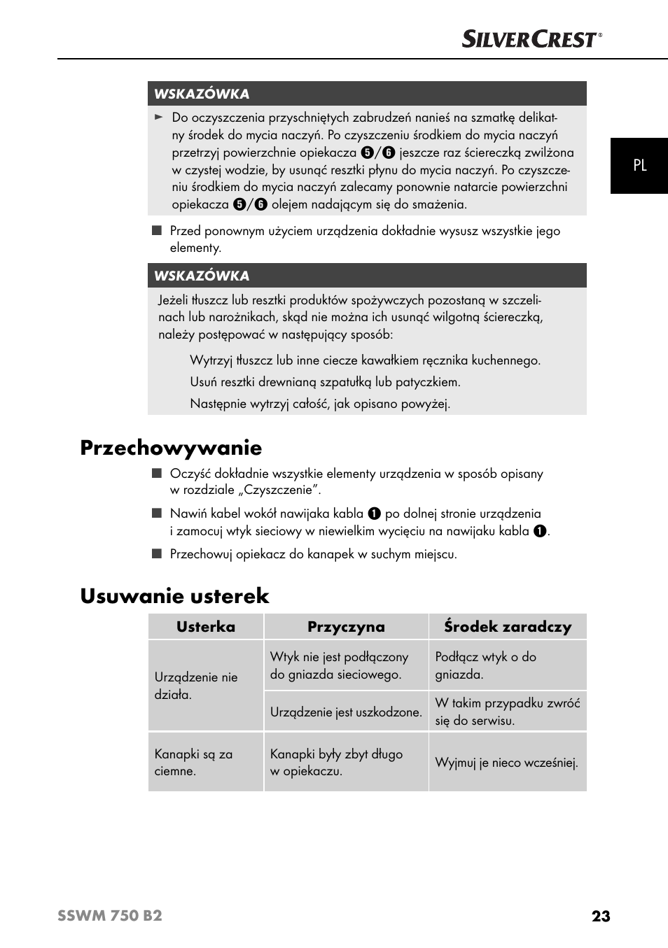 Przechowywanie, Usuwanie usterek | Silvercrest SSWM 750 B2 User Manual | Page 26 / 102