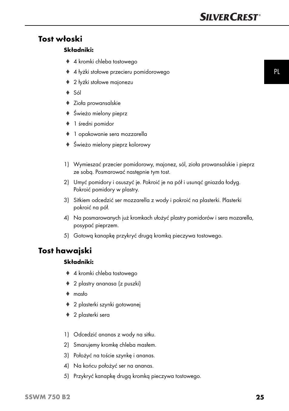 Tost włoski, Tost hawajski | Silvercrest SSWM 750 B2 User Manual | Page 28 / 102