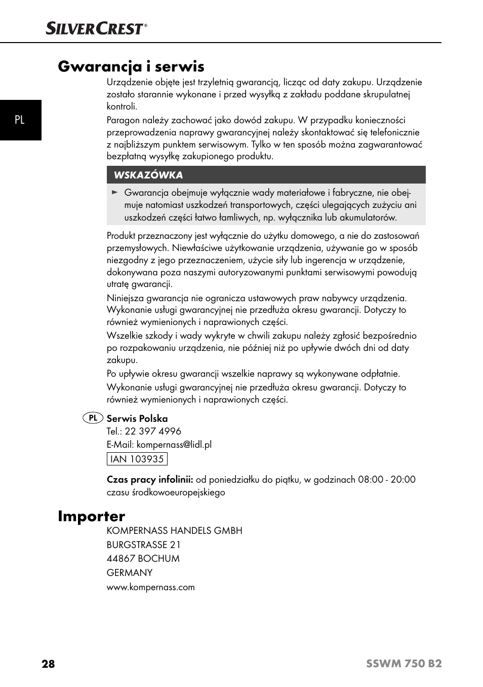 Gwarancja i serwis, Importer | Silvercrest SSWM 750 B2 User Manual | Page 31 / 102