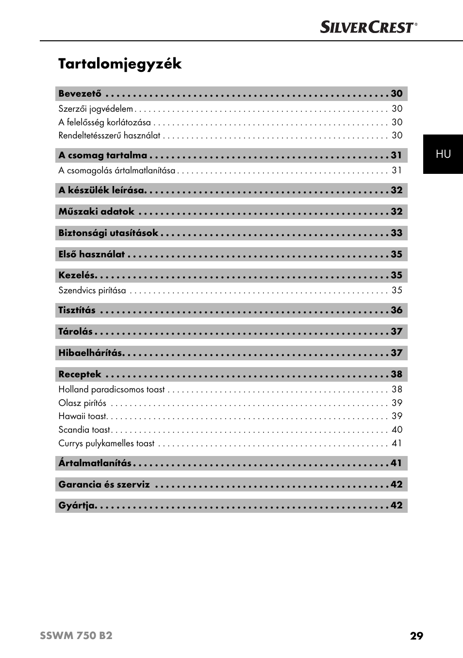 Tartalomjegyzék | Silvercrest SSWM 750 B2 User Manual | Page 32 / 102