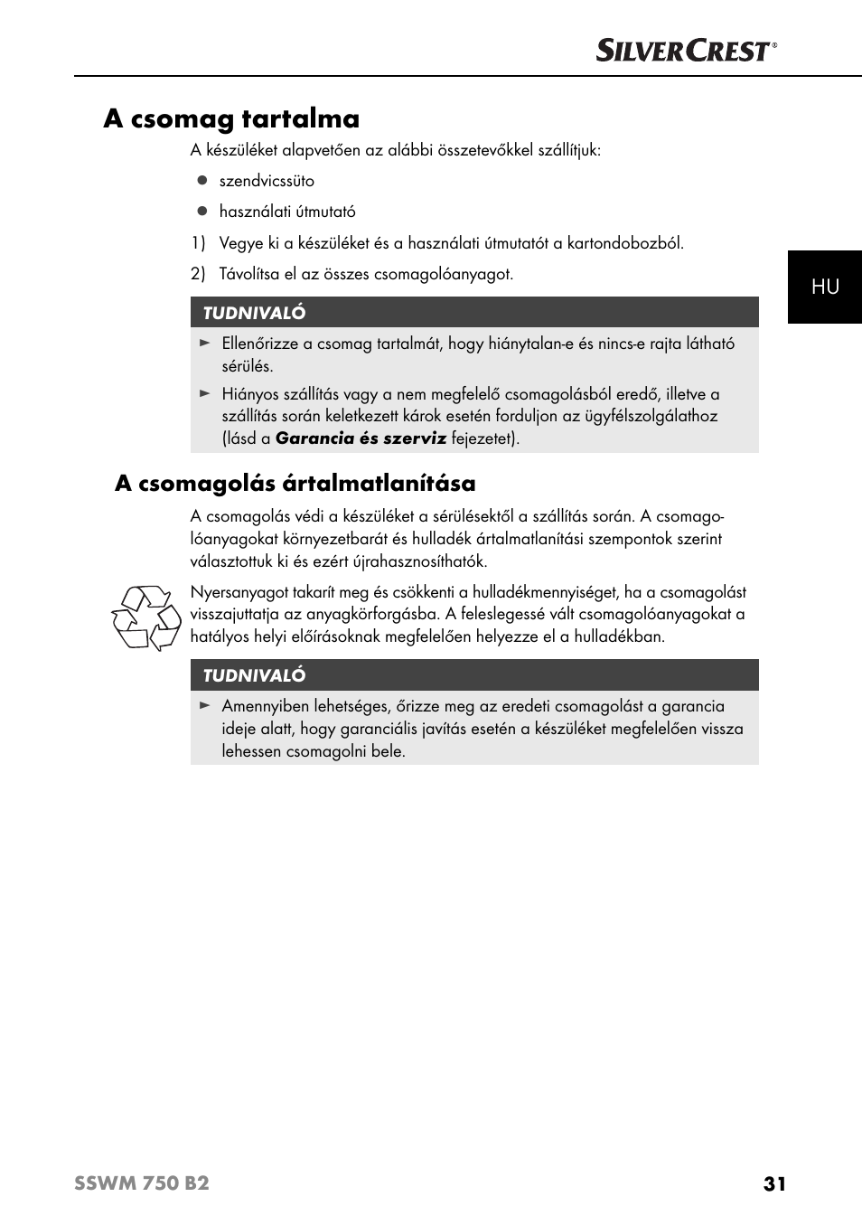 A csomag tartalma, A csomagolás ártalmatlanítása | Silvercrest SSWM 750 B2 User Manual | Page 34 / 102