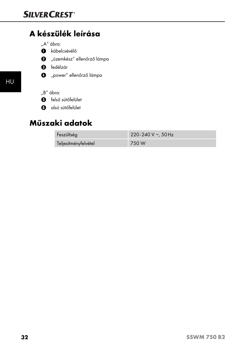 A készülék leírása, Műszaki adatok | Silvercrest SSWM 750 B2 User Manual | Page 35 / 102