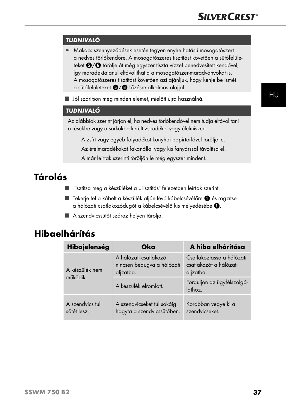 Tárolás, Hibaelhárítás | Silvercrest SSWM 750 B2 User Manual | Page 40 / 102