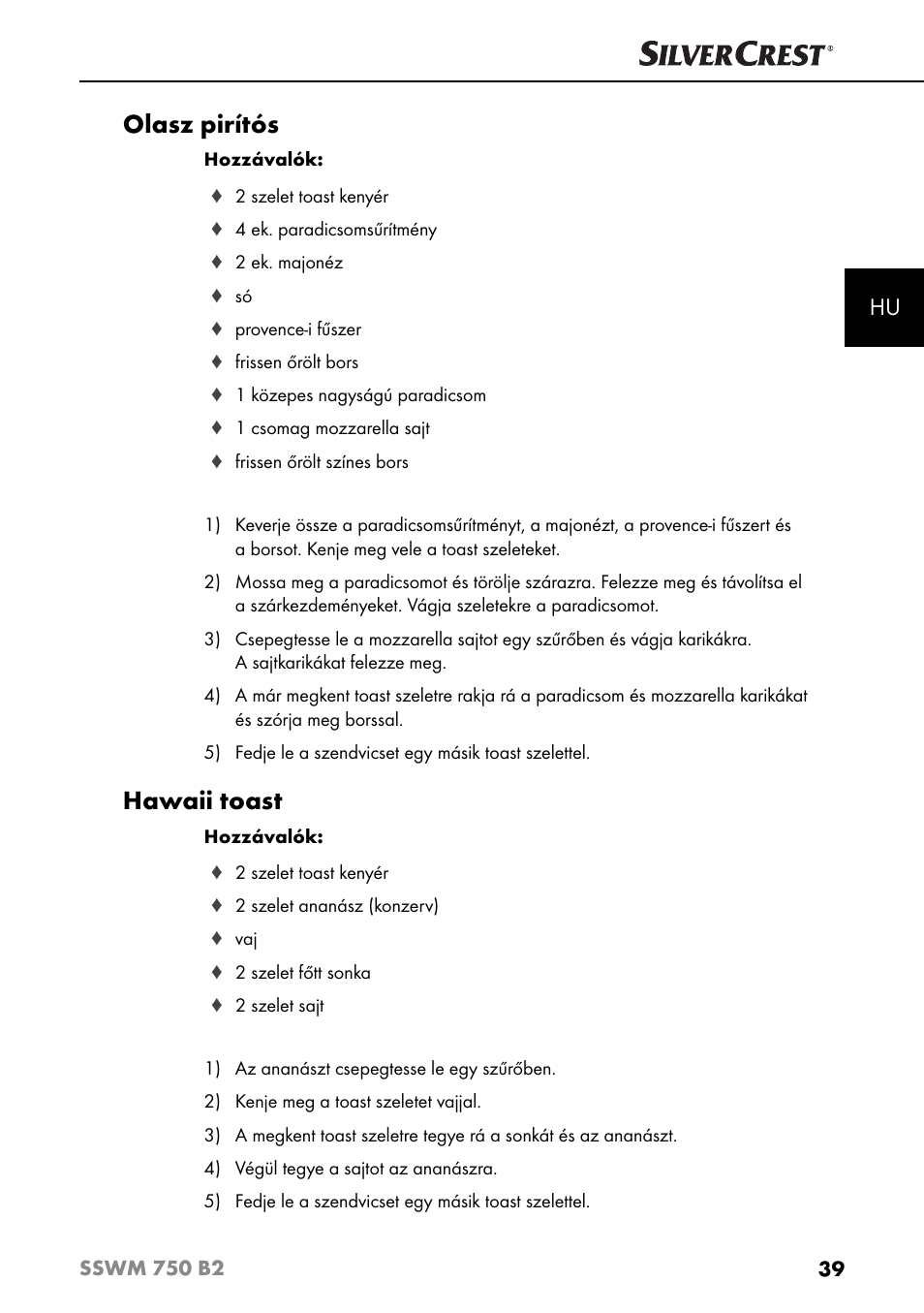 Olasz pirítós, Hawaii toast | Silvercrest SSWM 750 B2 User Manual | Page 42 / 102