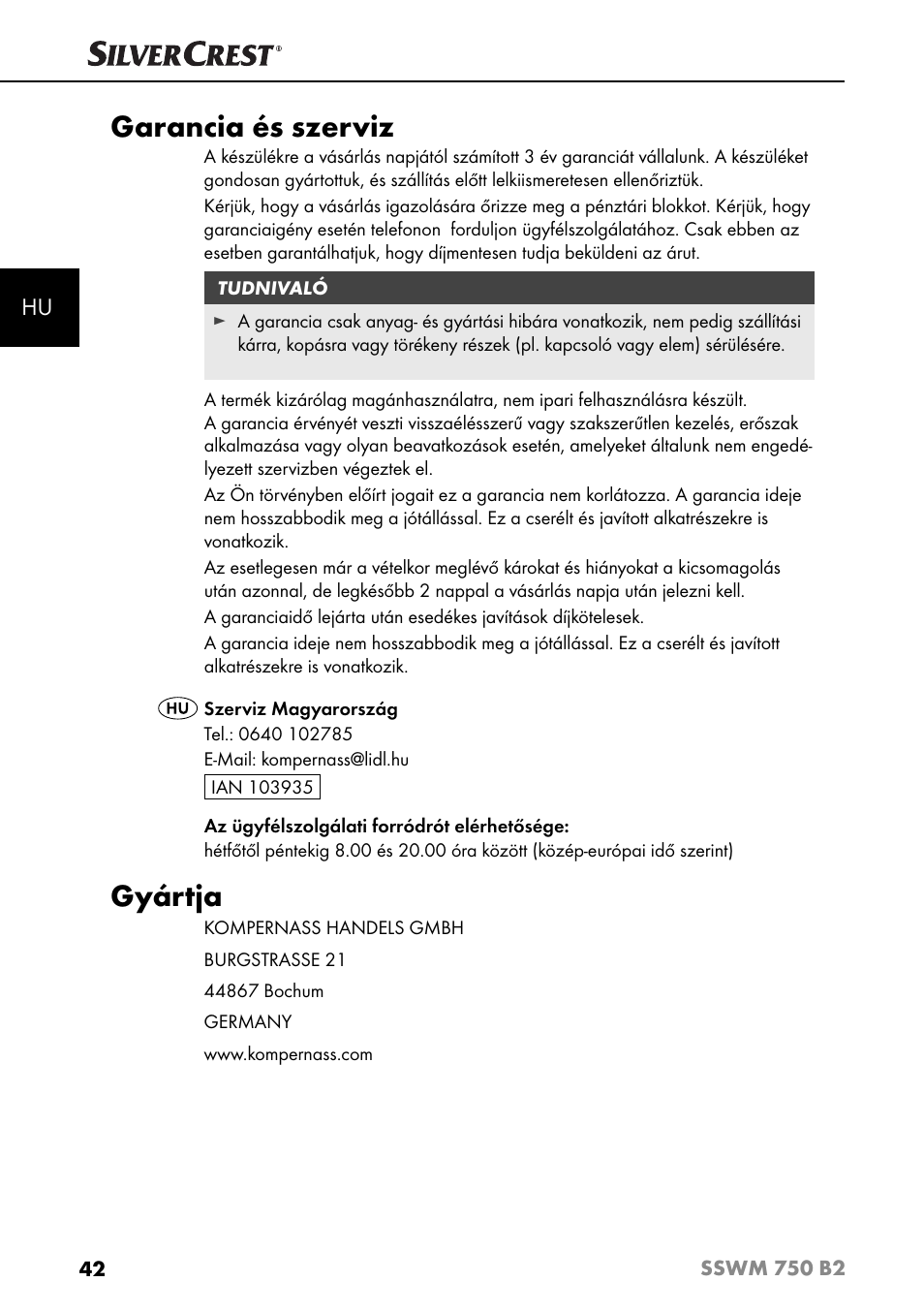 Garancia és szerviz, Gyártja | Silvercrest SSWM 750 B2 User Manual | Page 45 / 102