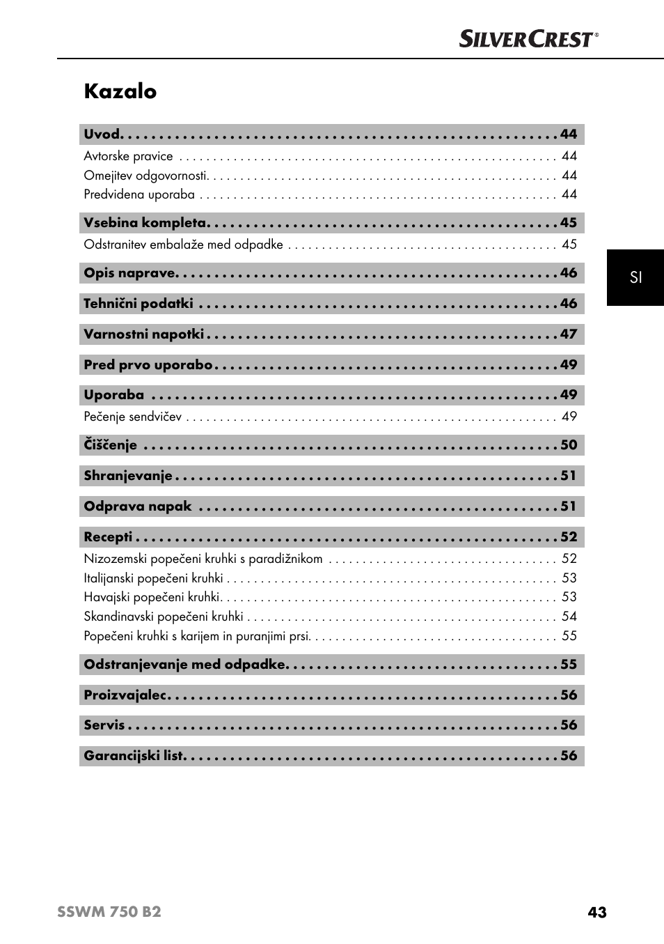 Kazalo | Silvercrest SSWM 750 B2 User Manual | Page 46 / 102