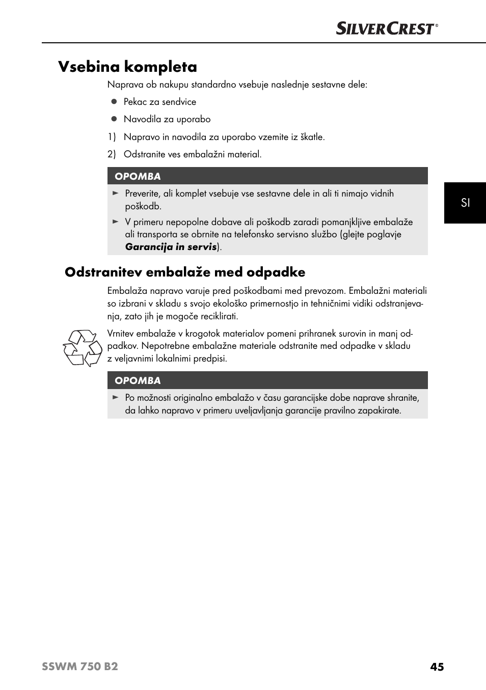 Vsebina kompleta, Odstranitev embalaže med odpadke | Silvercrest SSWM 750 B2 User Manual | Page 48 / 102