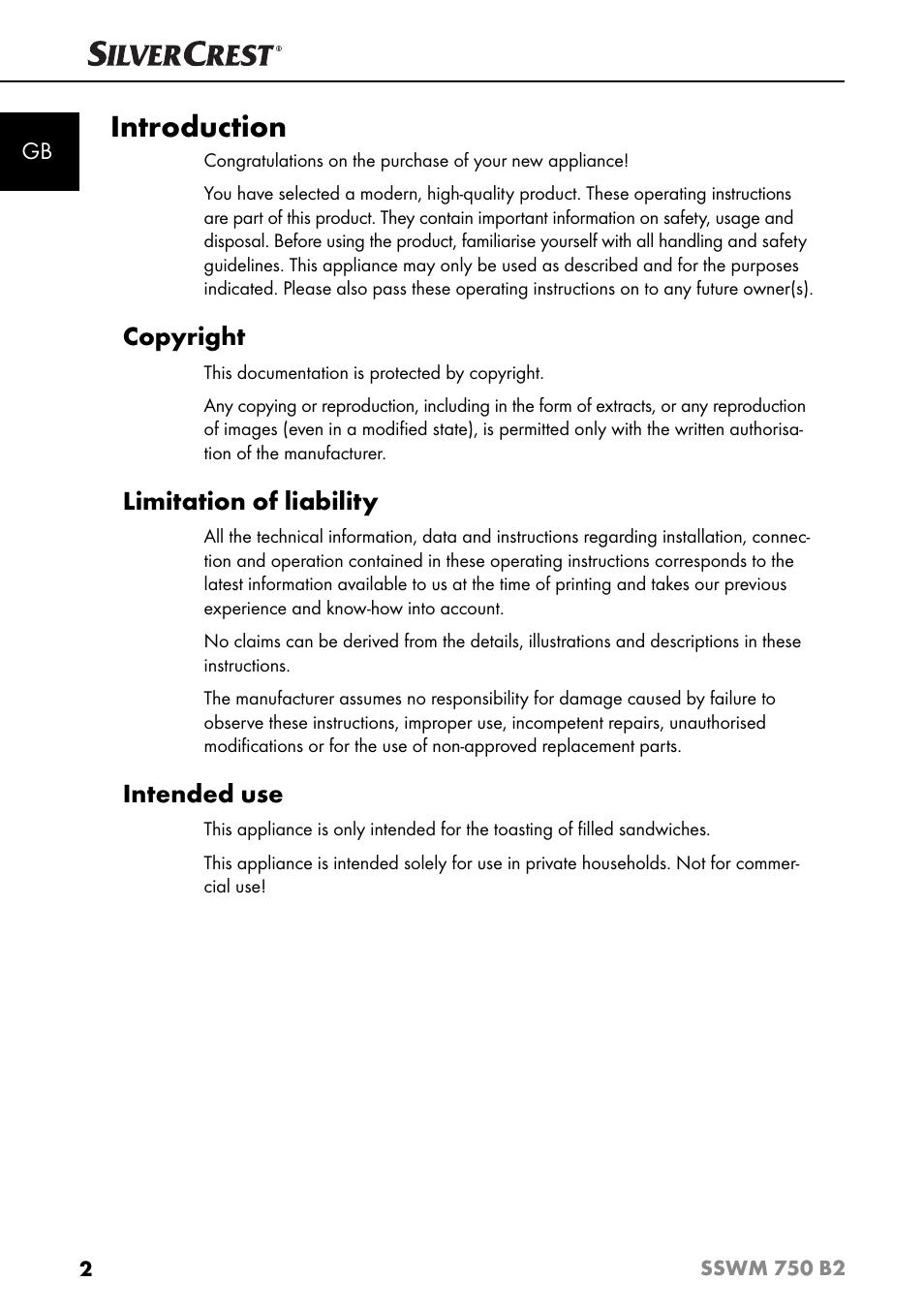 Introduction, Copyright, Limitation of liability | Intended use | Silvercrest SSWM 750 B2 User Manual | Page 5 / 102