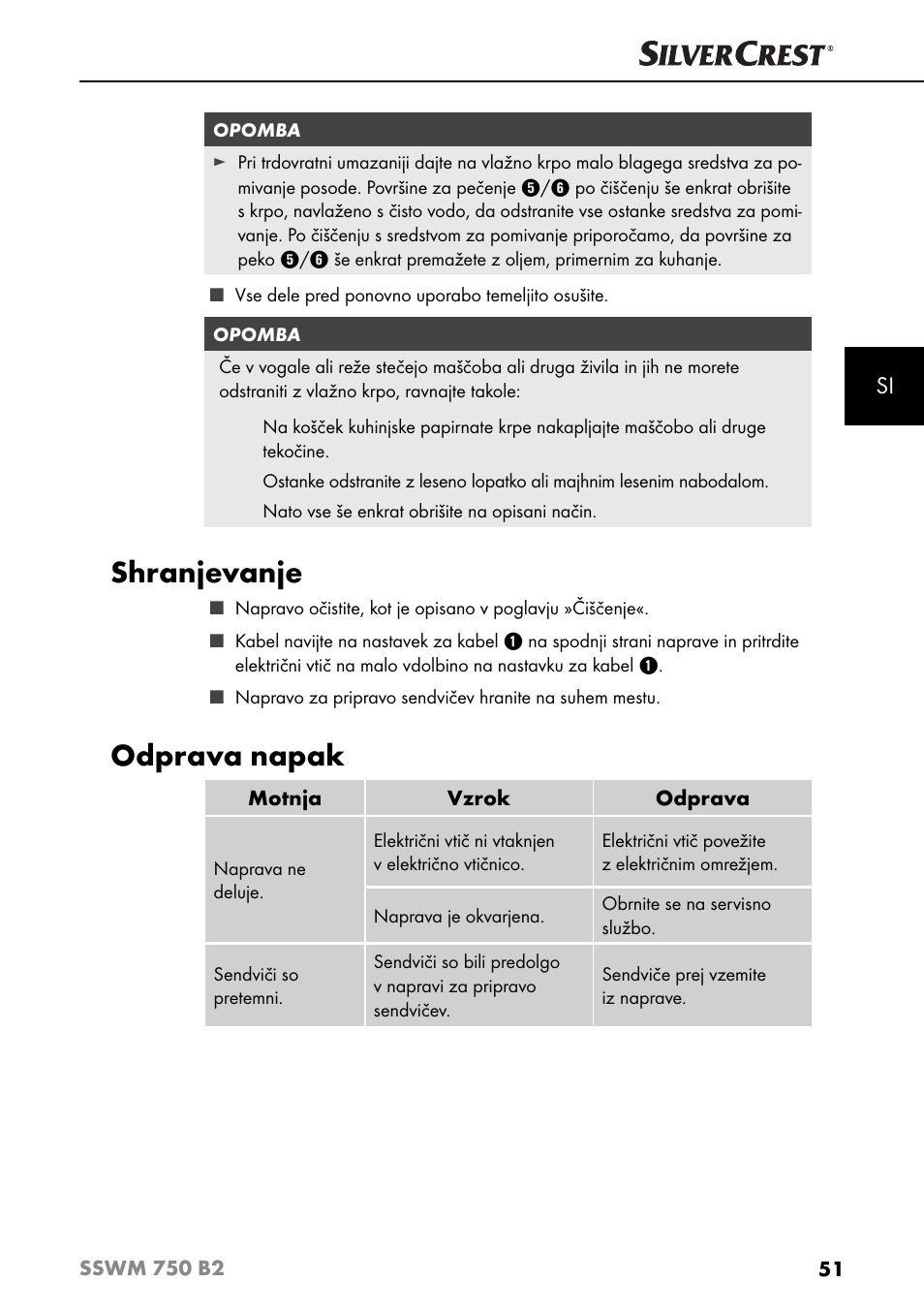 Shranjevanje, Odprava napak | Silvercrest SSWM 750 B2 User Manual | Page 54 / 102