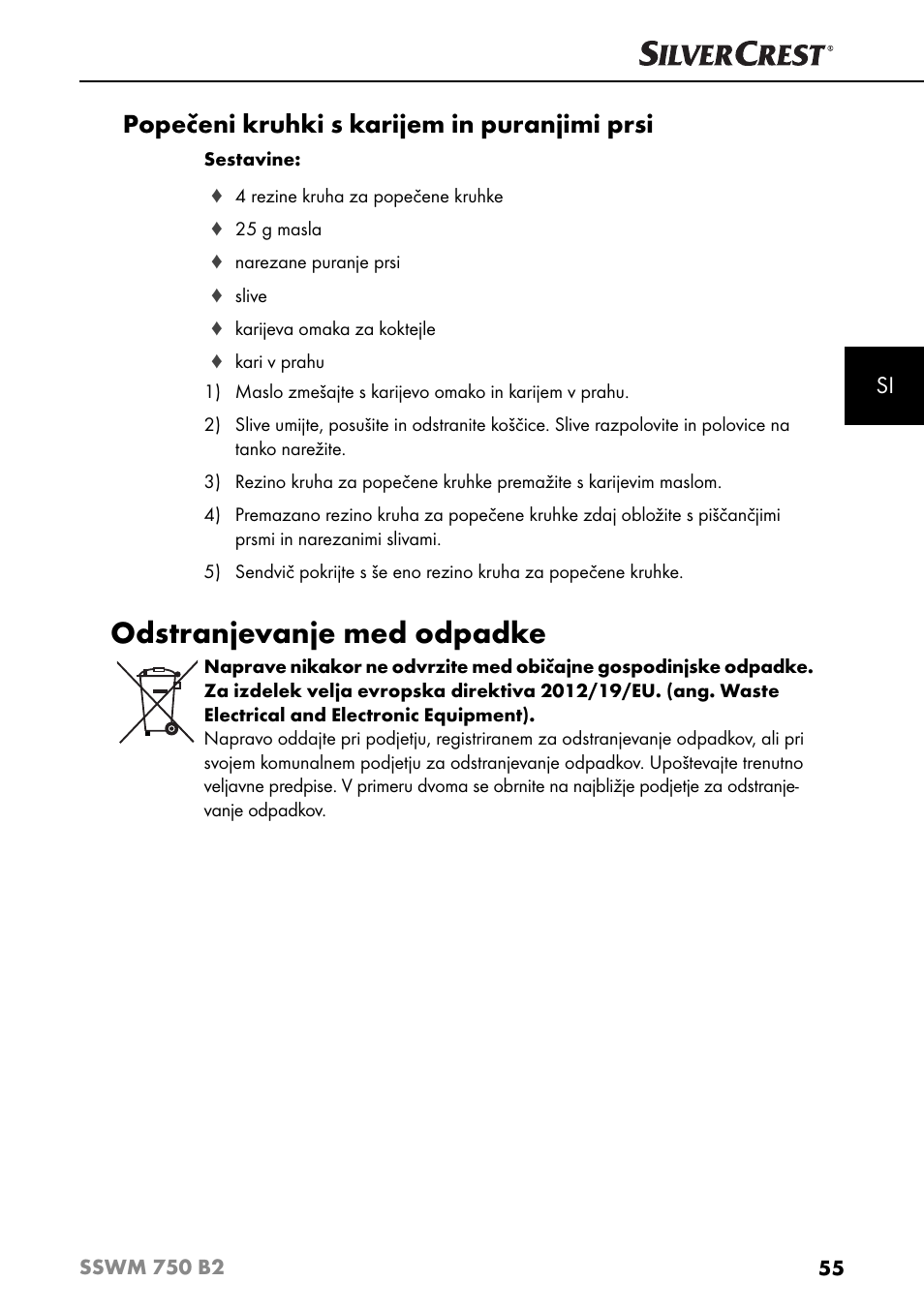 Odstranjevanje med odpadke, Popečeni kruhki s karijem in puranjimi prsi | Silvercrest SSWM 750 B2 User Manual | Page 58 / 102